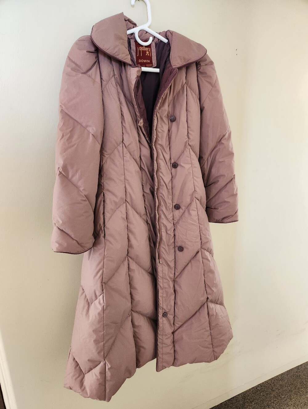 Vintage 1980s J Gallery Dusty Rose Long Quilted Down Toggle Puffer Coat XS